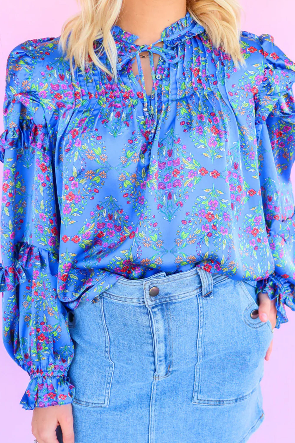 Blue Frill V Neck Ditsy Floral Print Pleated Blouse