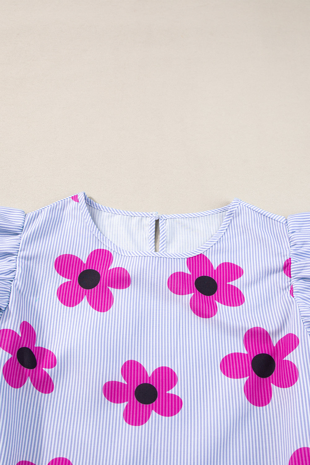 Sky Blue Stripe Floral Print Ruffled Flutter Sleeve Blouse