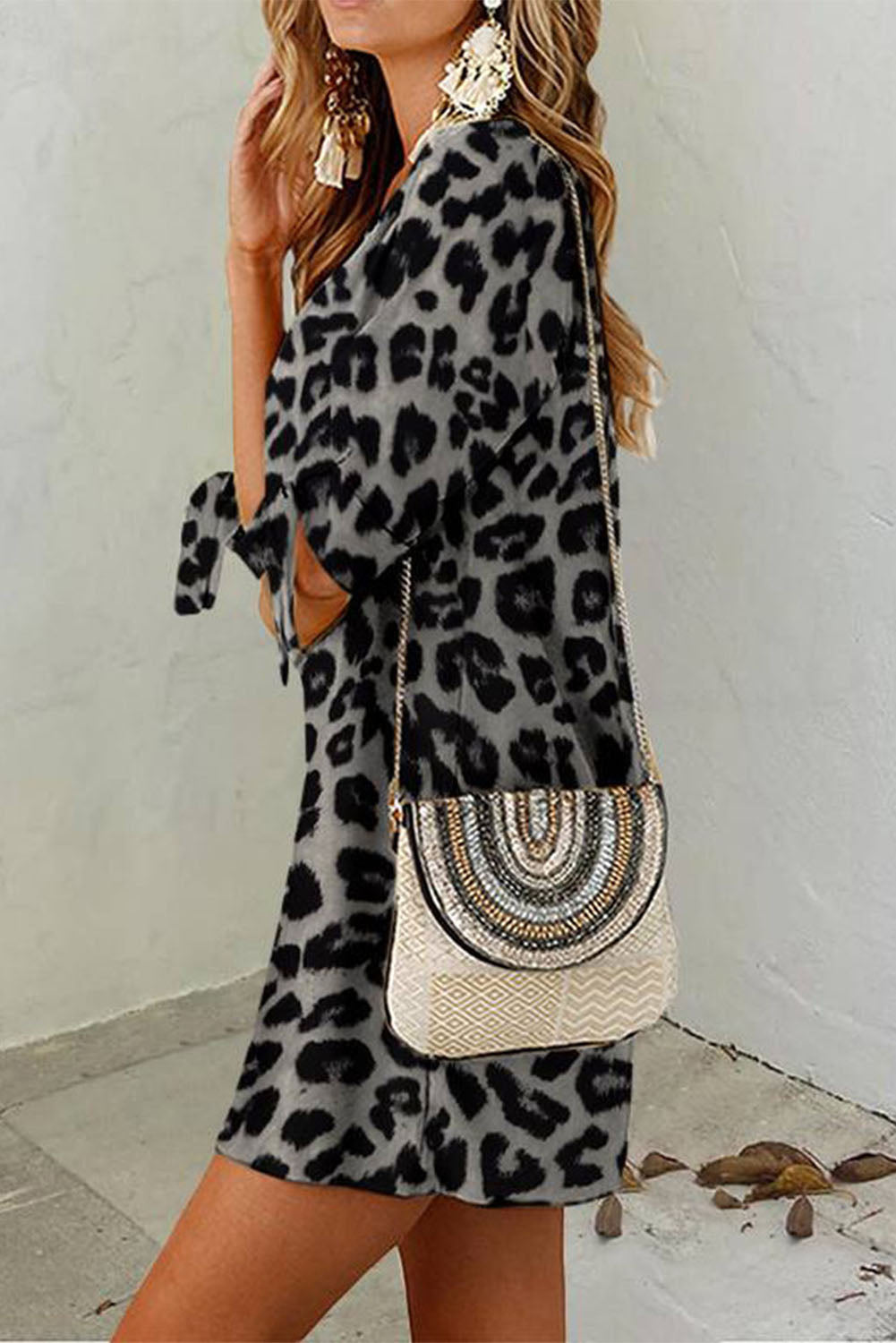 Black Casual Knot Half Sleeve Leopard Print Dress