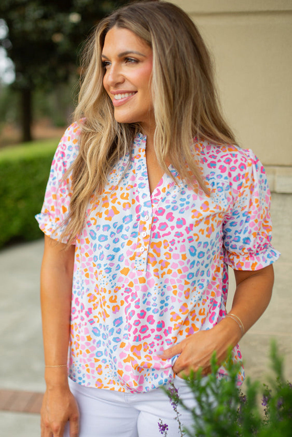 Multicolour Casual Leopard V Neck Button Shirt