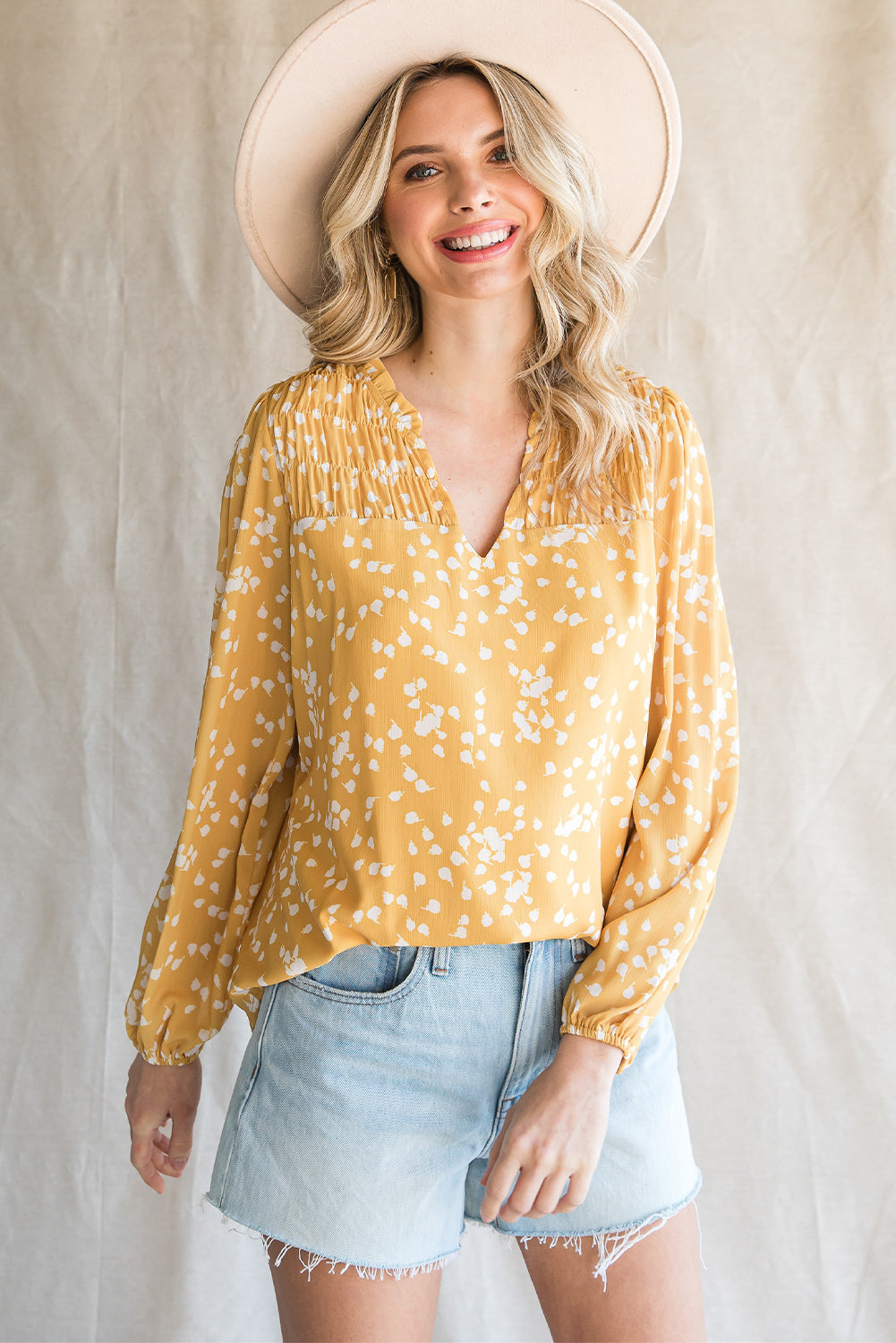 Yellow Frill Split V Neck Boho Crinkled Blouse