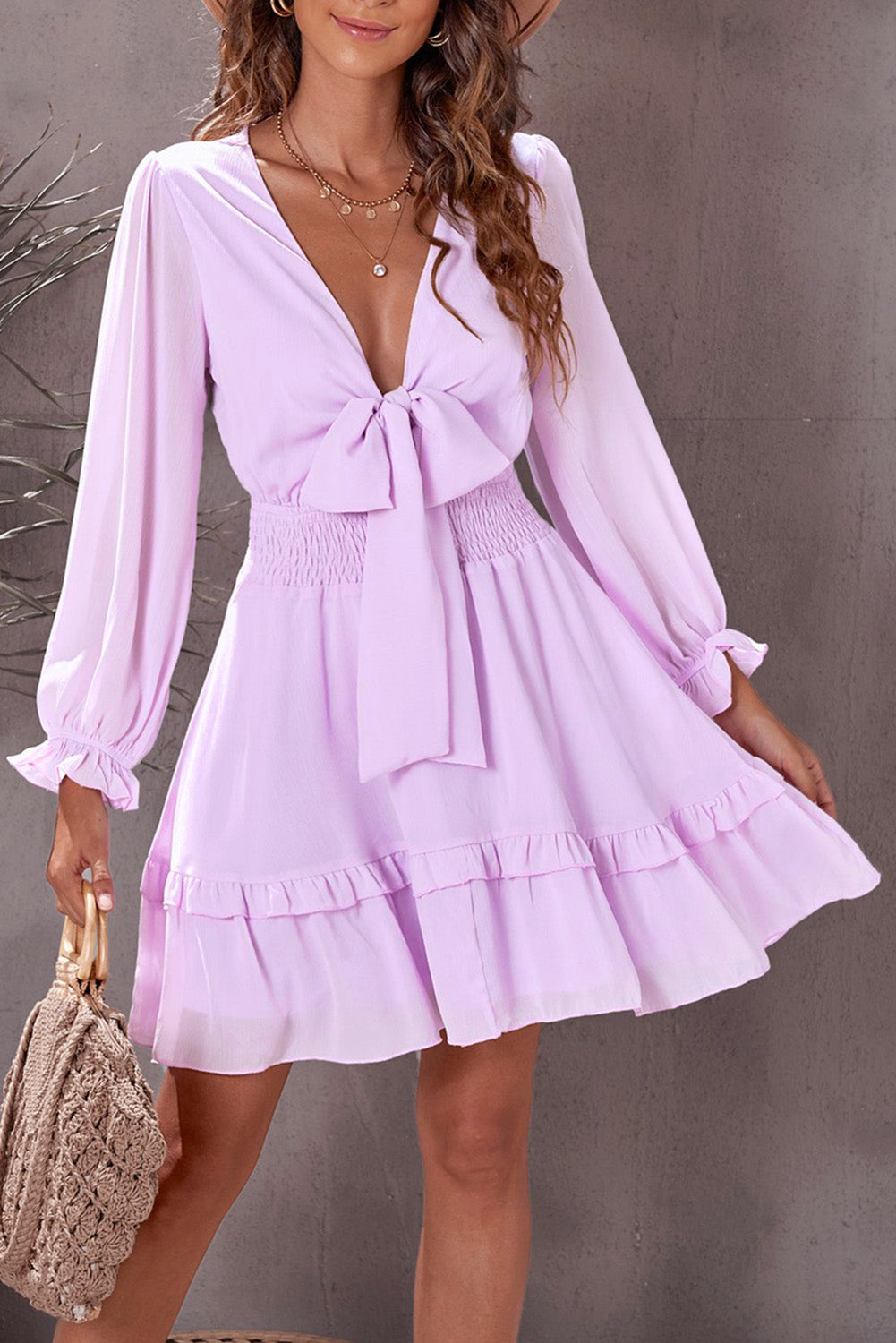 Pink Knotted Deep V Neck Shirred Waist Tiered Short Dress