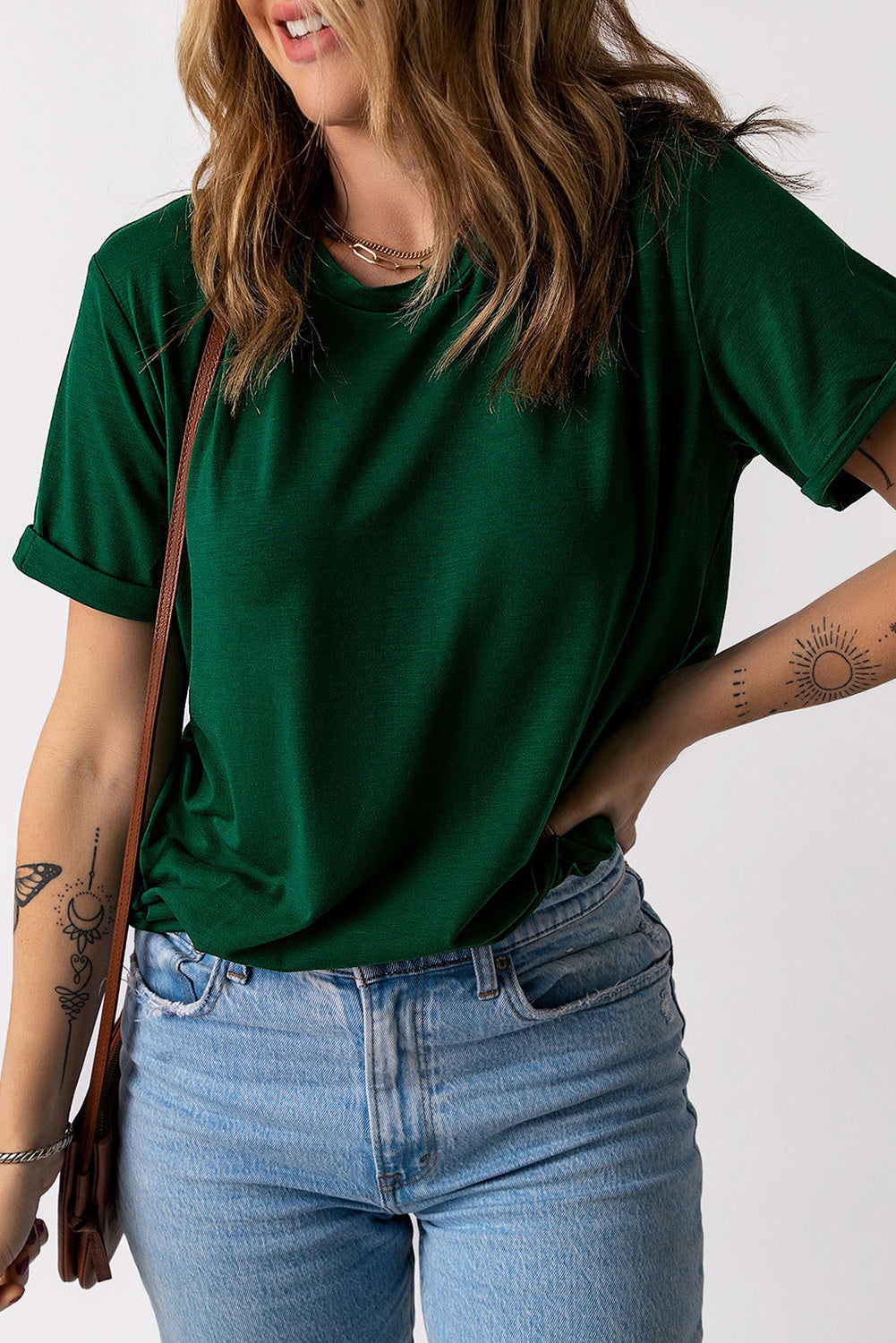 Green Plain Solid Color Crew Neck Tee