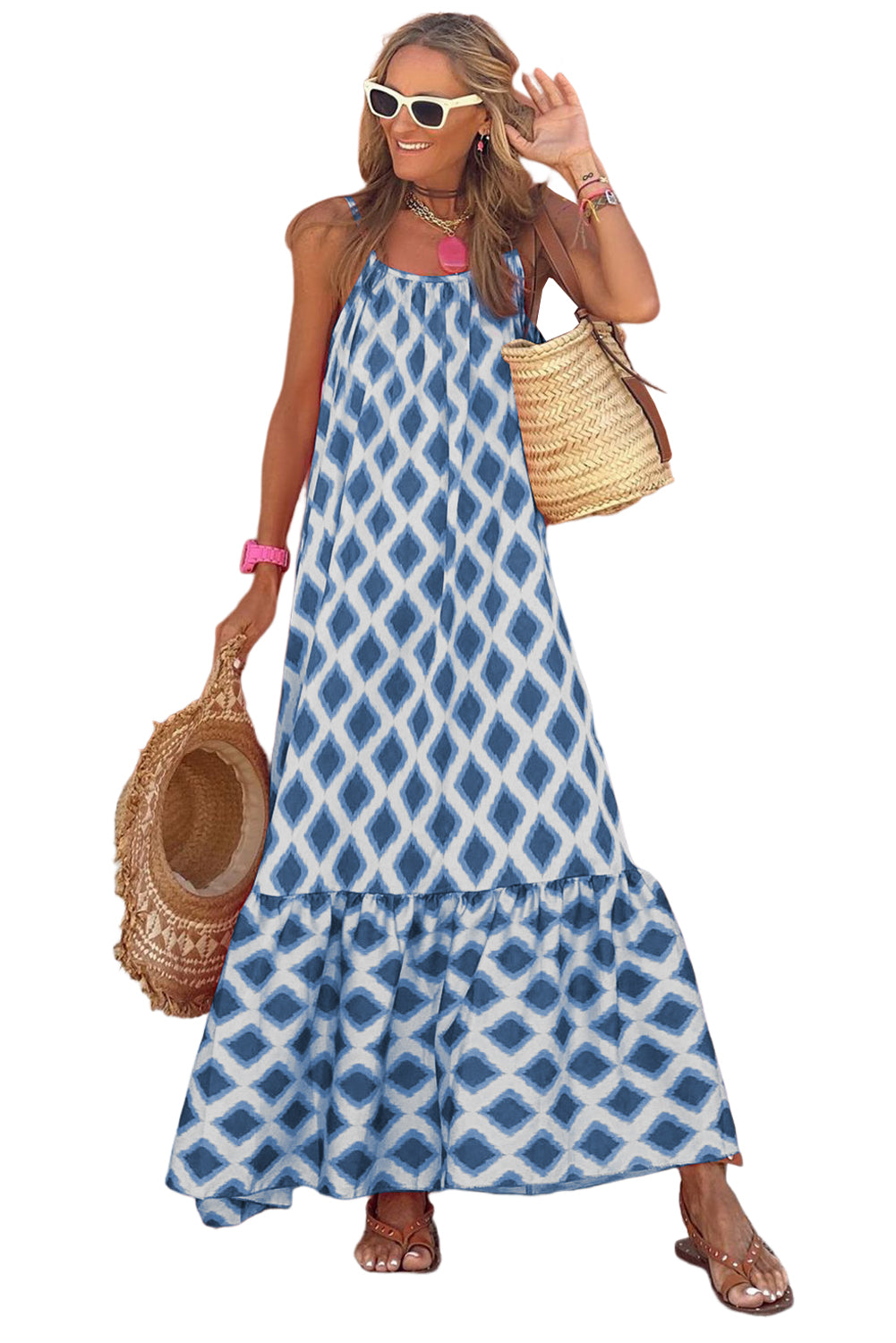 Blue Geometric Print Loose Fit Sleeveless Maxi Dress