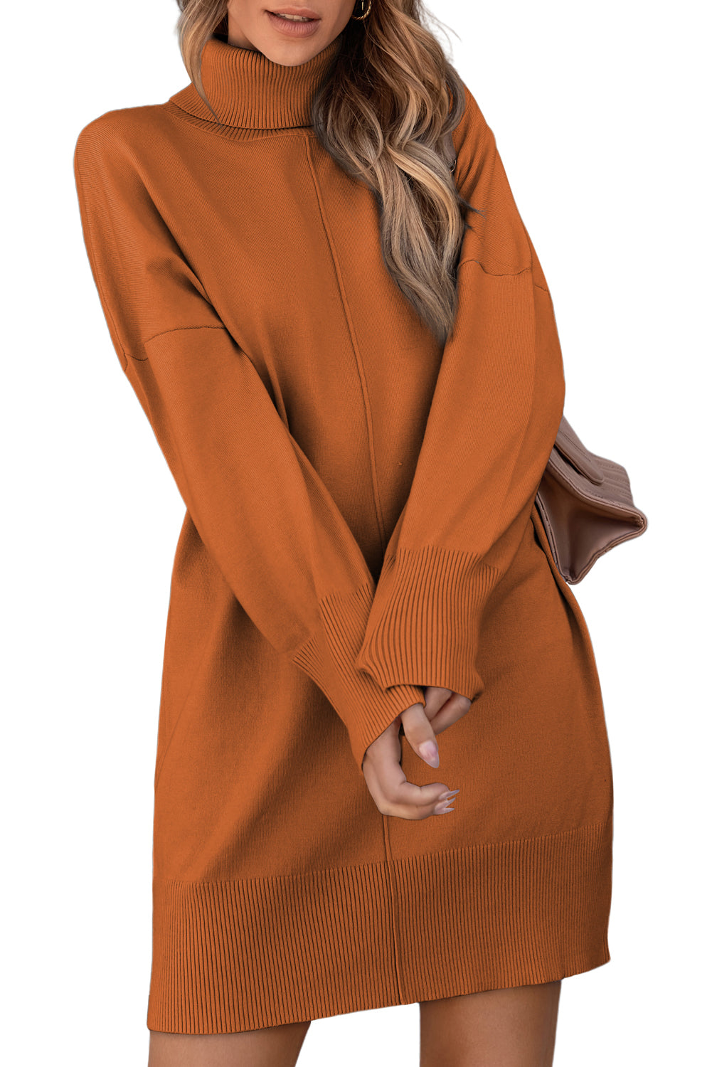 Black Solid Color Turtleneck Drop Shoulder Loose Sweater Dress - Kustom Kreations Goods