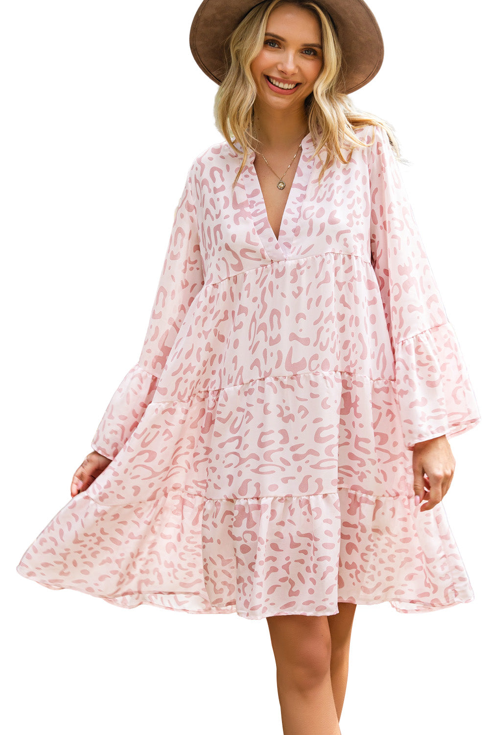 Green Chiffon Bell Sleeve Split V Neck Tunic Dress