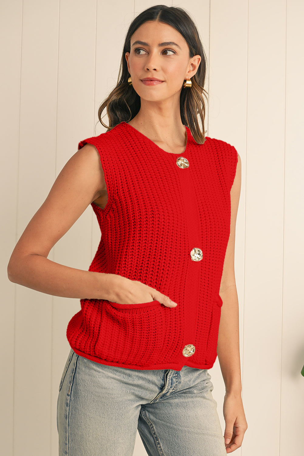 Fiery Red Solid Textured Knit Side Pockets Buttoned Sweater Vest