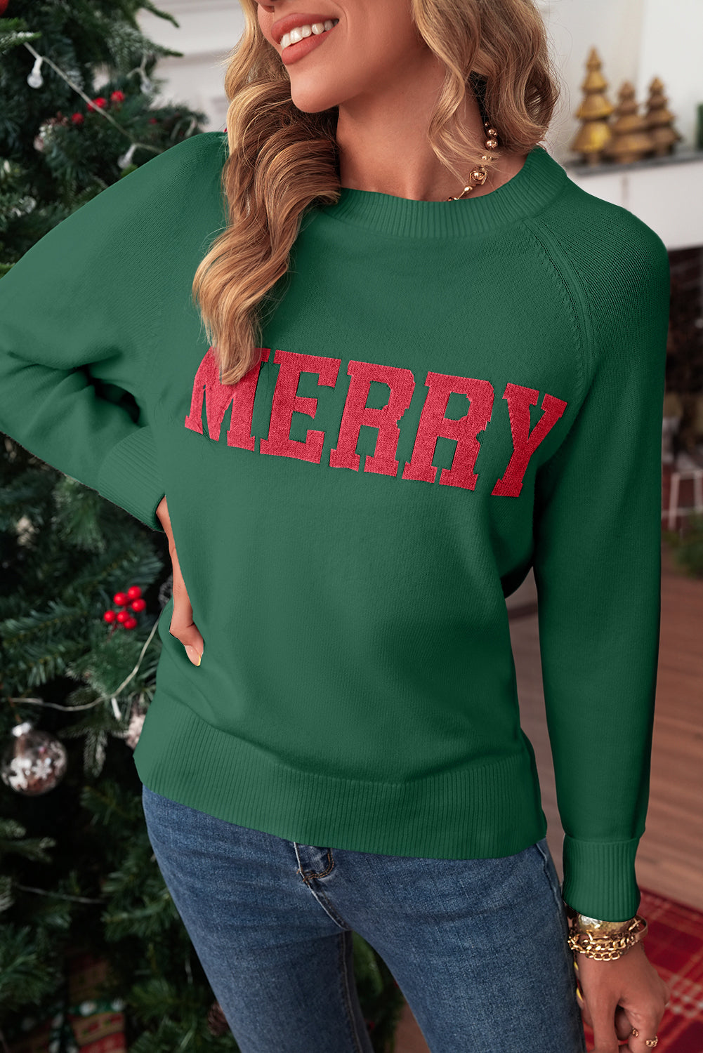 White MERRY Letter Pattern Christmas Raglan Sleeve Sweater
