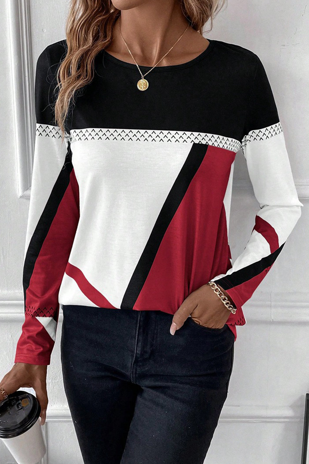 Medium Grey Geometric Print Color Block Crew Neck Top