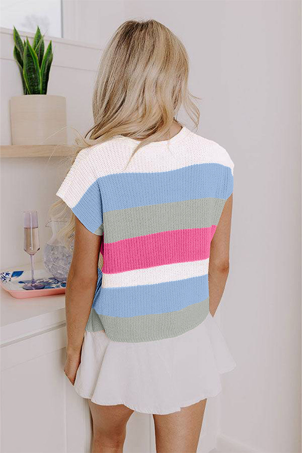 Pink Colorblock Notch V Neck Knit T Shirt