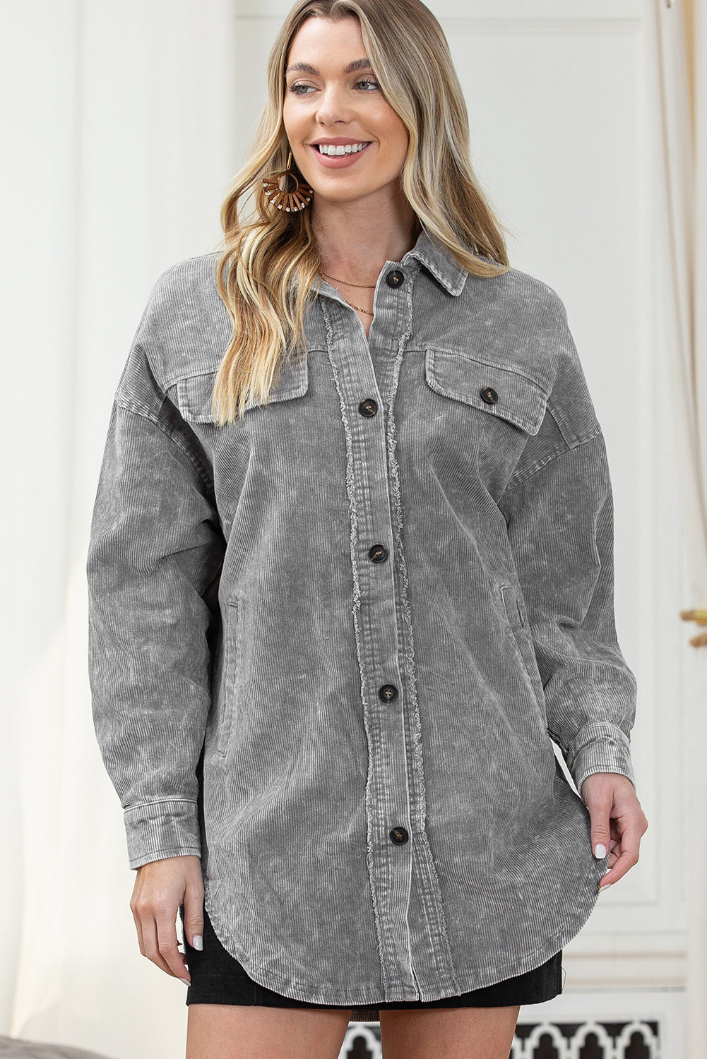 Gray Vintage Distressed Mineral Wash Oversized Shacket