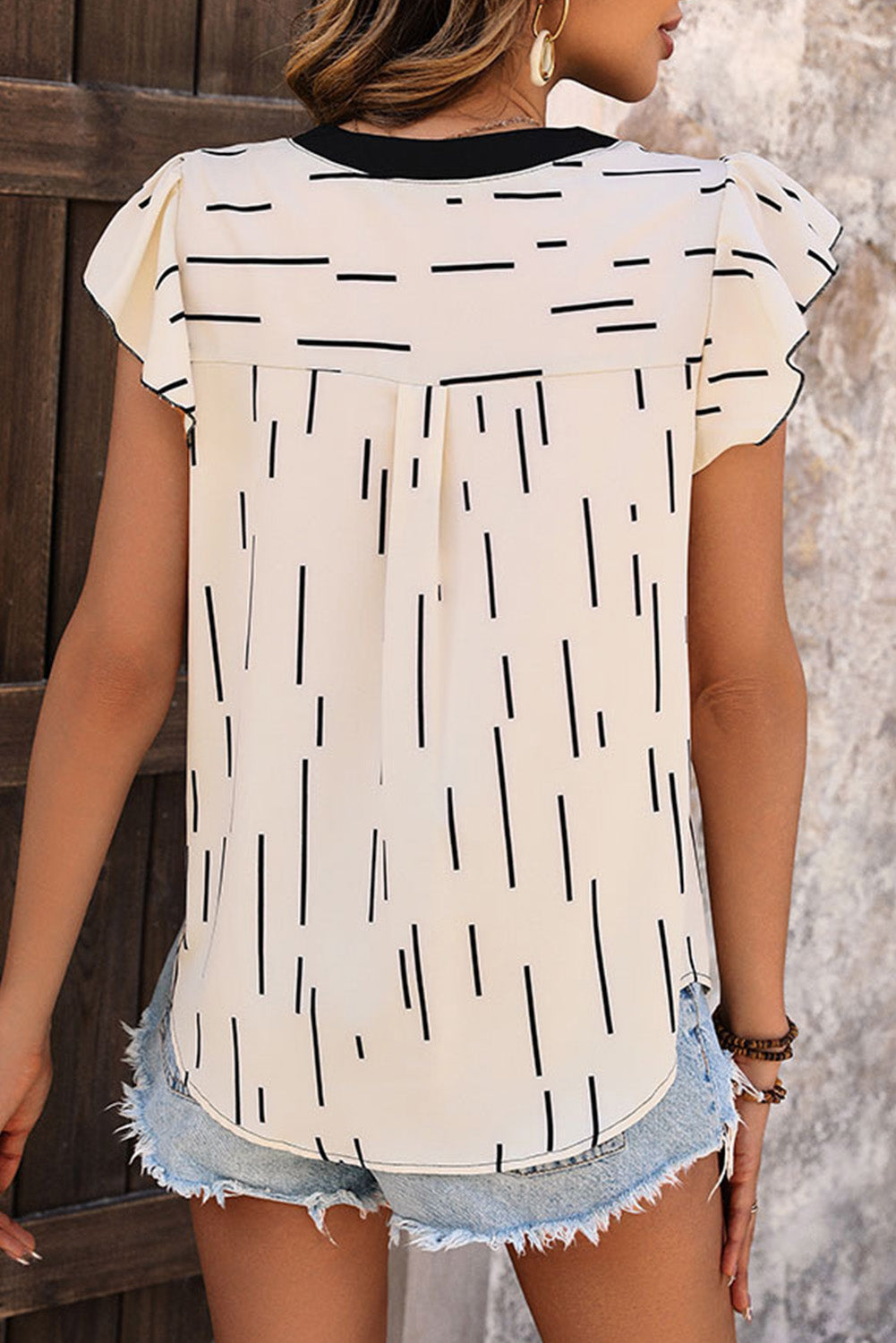 Apricot Ruffle Sleeve Buttoned V Neck Blouse