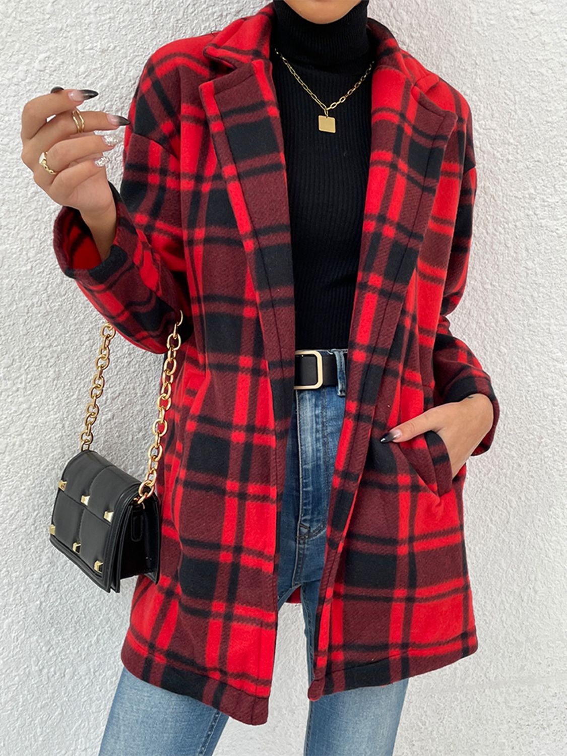 Plaid Lapel Collar Coat with Pockets