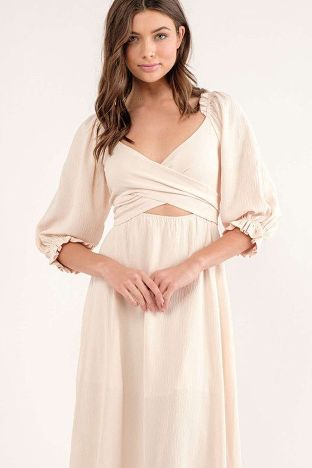 Beige Plain Puff Sleeve Cross Tie Cut Out Maxi Dress