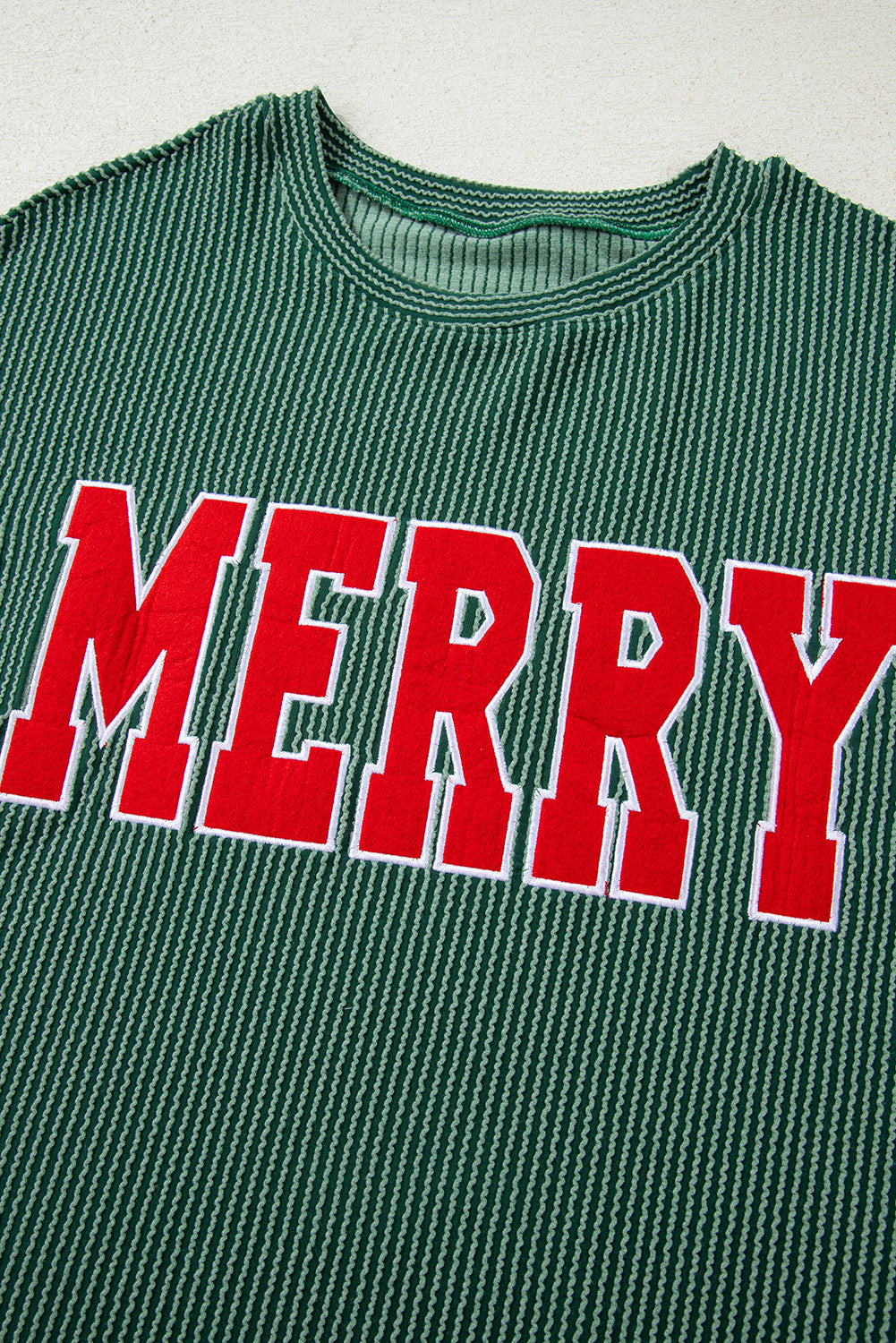 Blackish Green Twisted Rib Merry Letter Graphic Loose Long Sleeve Top