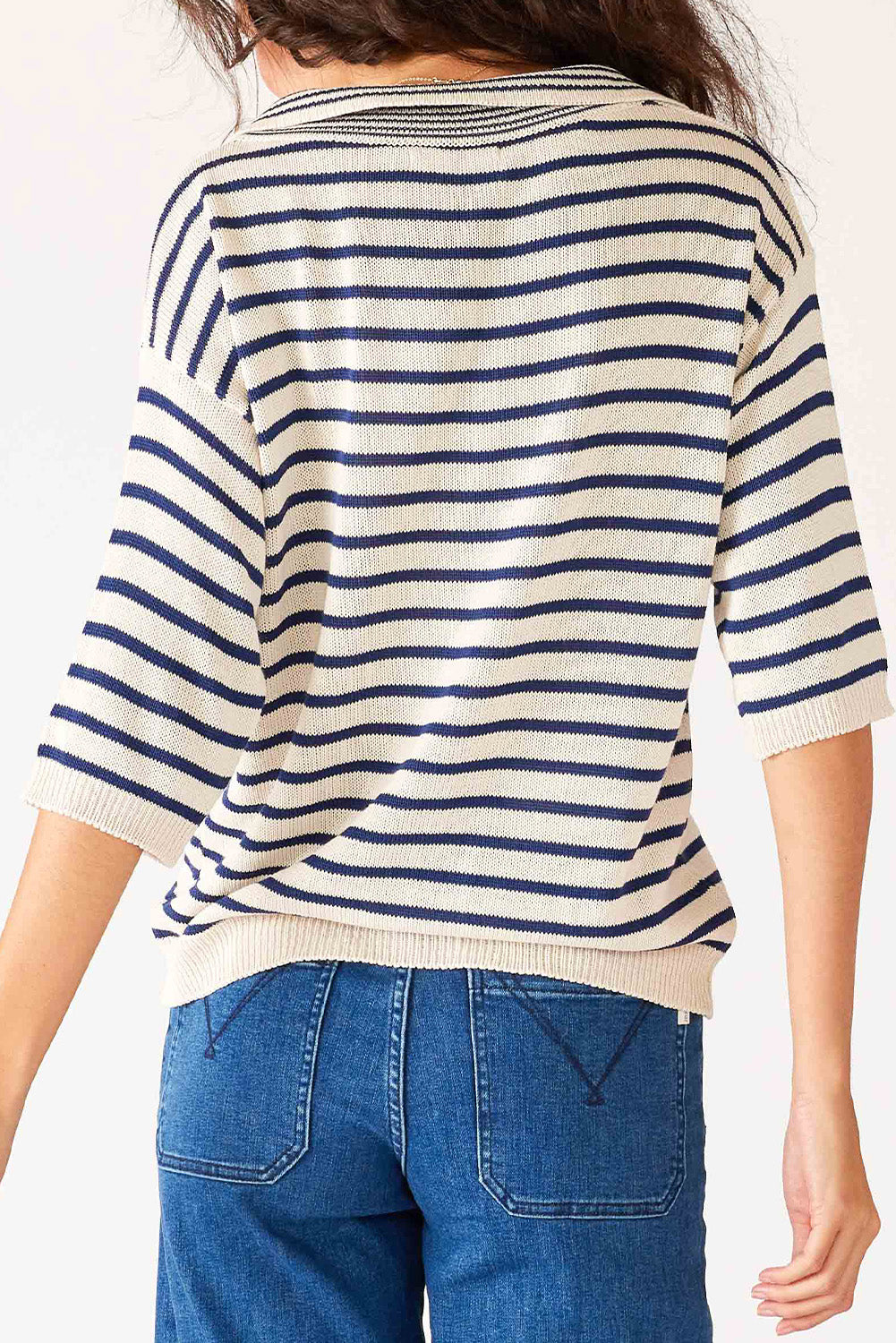 Blue Striped V Neck Half Sleeve Knit Top