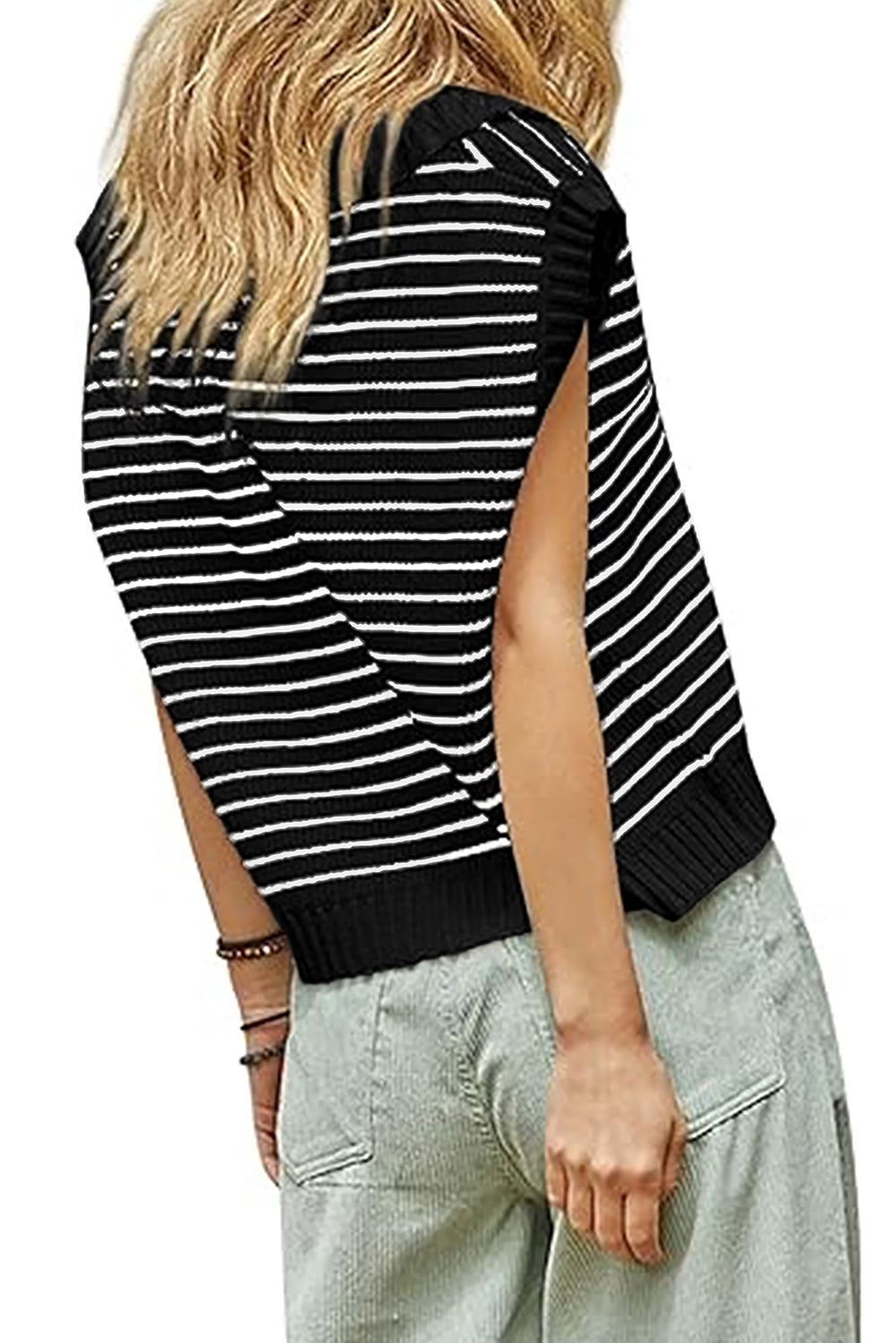 Black Stripe Turn-down Collar Sleeveless Knitted Top