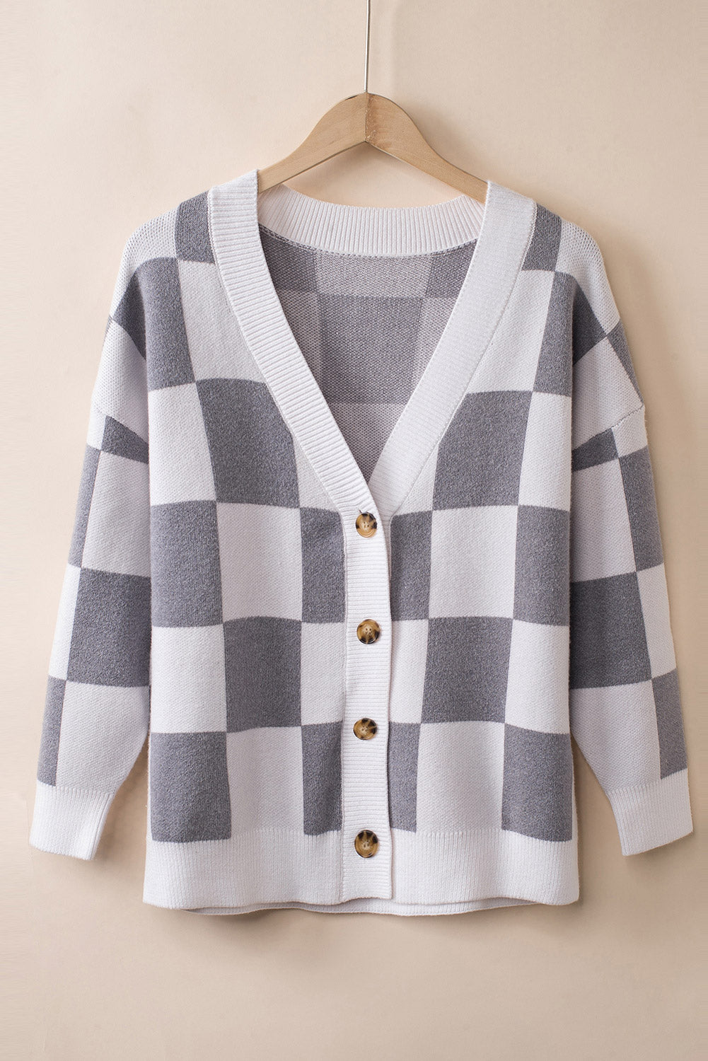 Brown Colorblock Plaid Ribbed Knit Button Up Cardigan