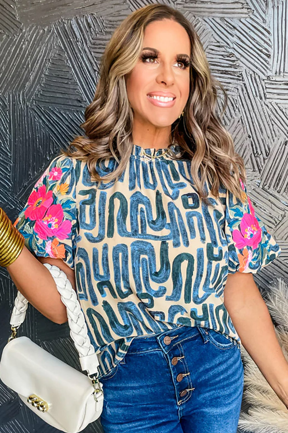 Beige Abstract Floral Print Frilled Neck Puff Sleeve Blouse - Kustom Kreations Goods
