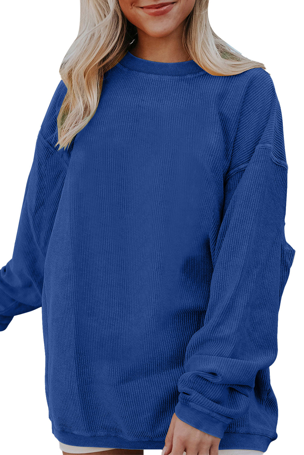 Orange Plain Drop Sleeve Rib-Knit Oversized Sweatshirt
