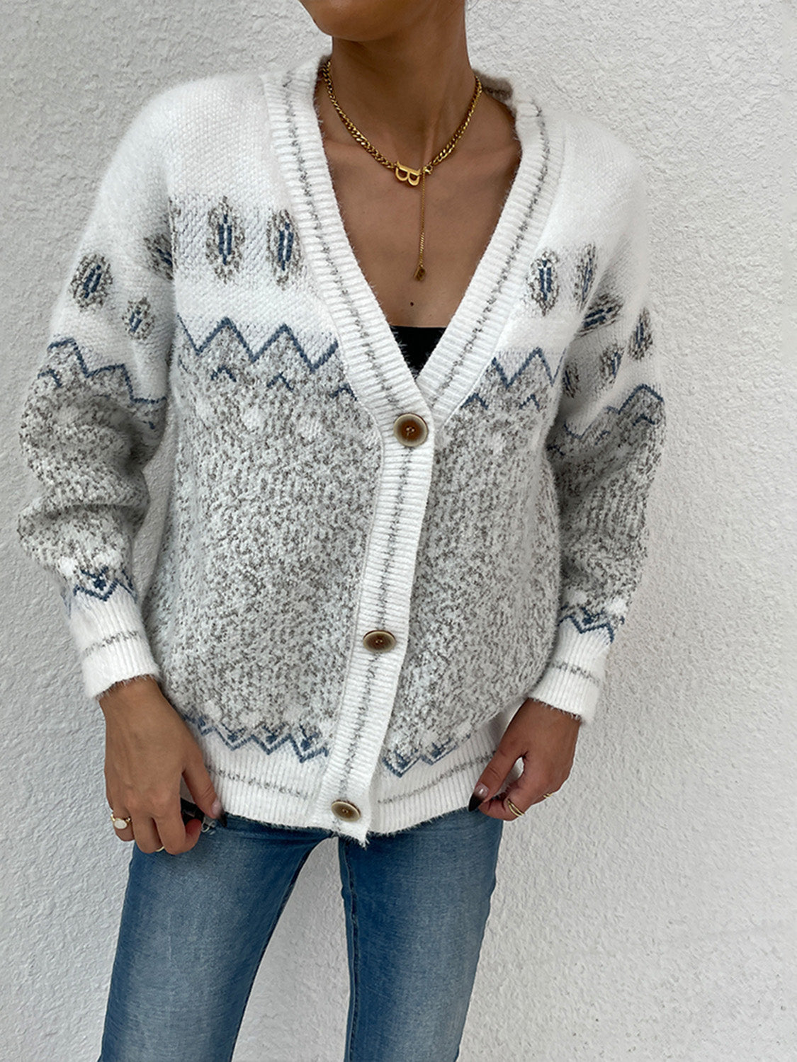 Printed Long Sleeve V-Neck Cardigan