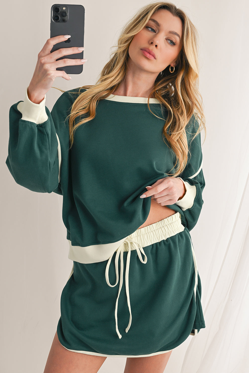Rose Red Contrast Trim Loose Pullover and Lace-up Waist Shorts Set - Kustom Kreations Goods