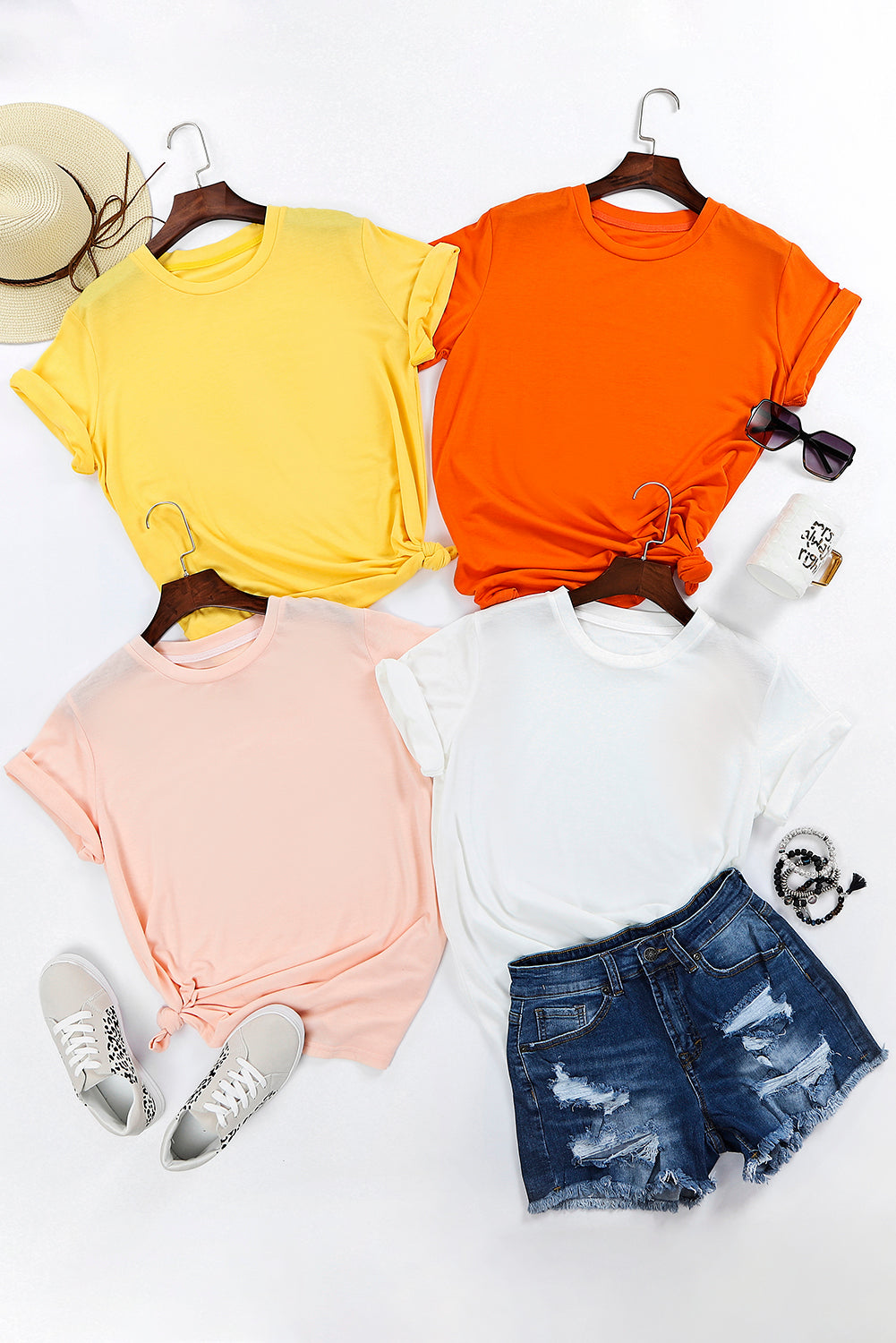 Green Plain Solid Color Crew Neck Tee