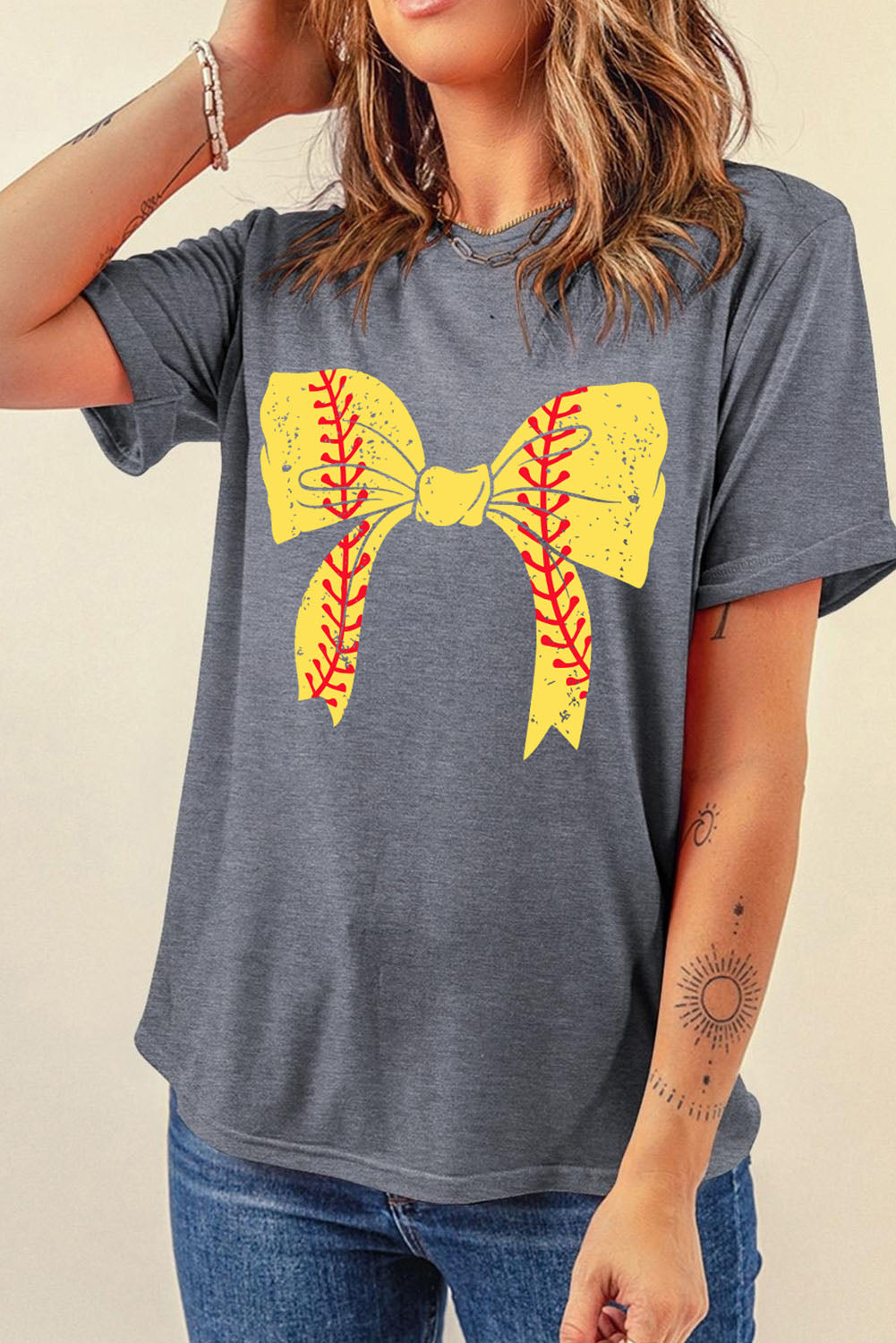 Black Baseball Bowknot Graphic Roll Up Sleeve Tee - Kustom Kreations Goods
