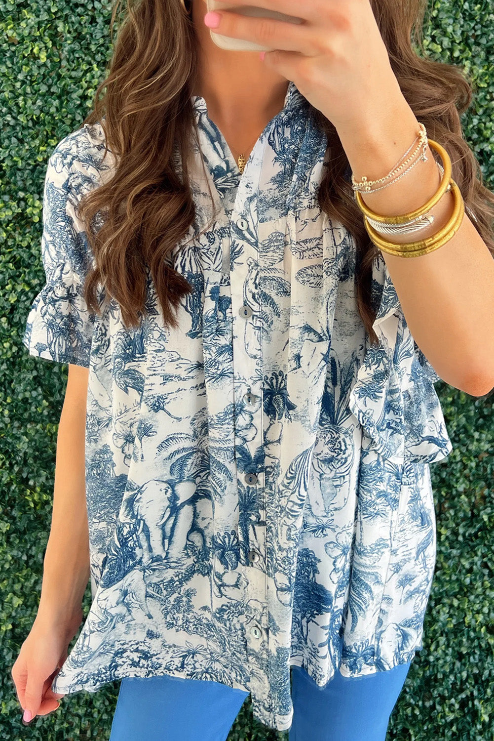 Ashleigh Blue Animal & Plants Print Ruffle Blouse