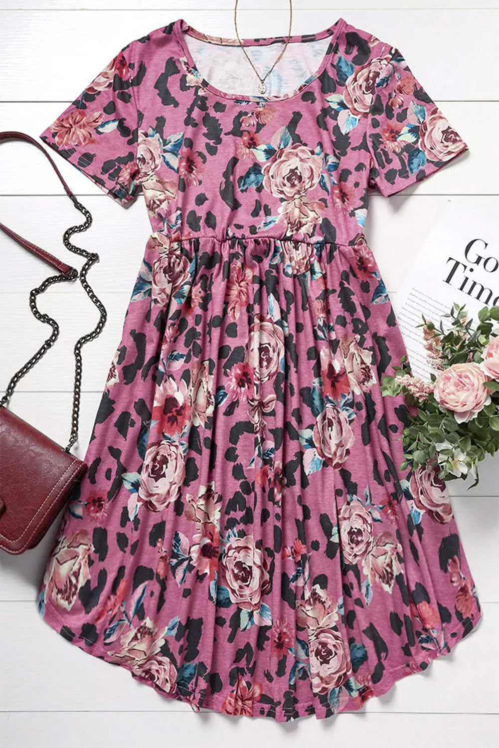 Red Foral Print Short Sleeve A-line High Waist Dress