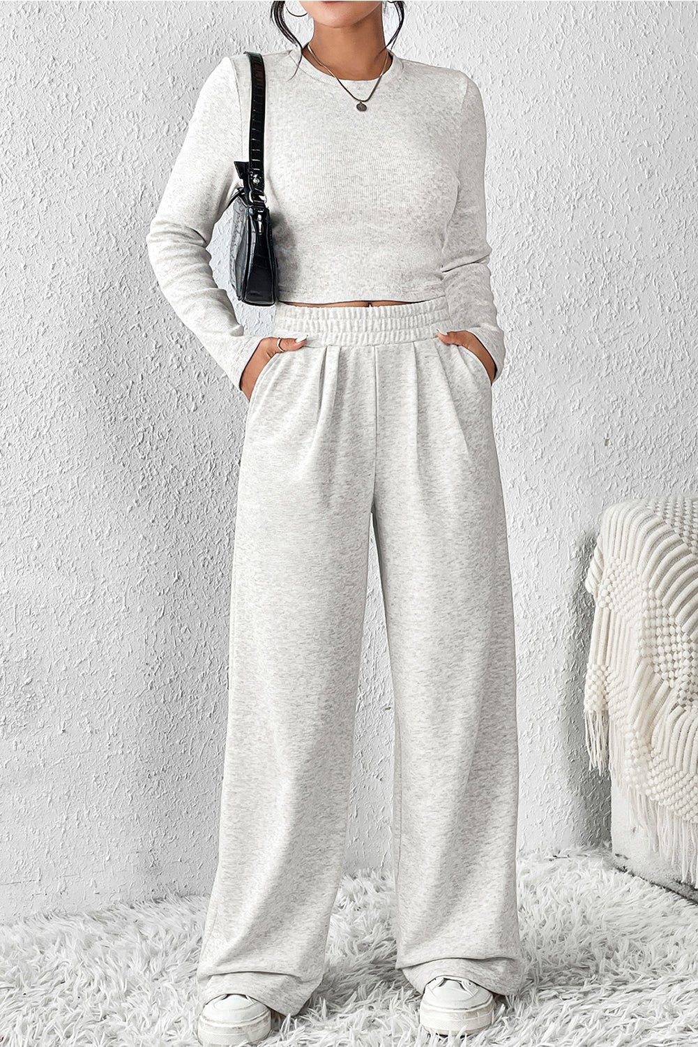 Black Long Sleeve Crop Top And Wide Leg Pants Set - Kustom Kreations Goods