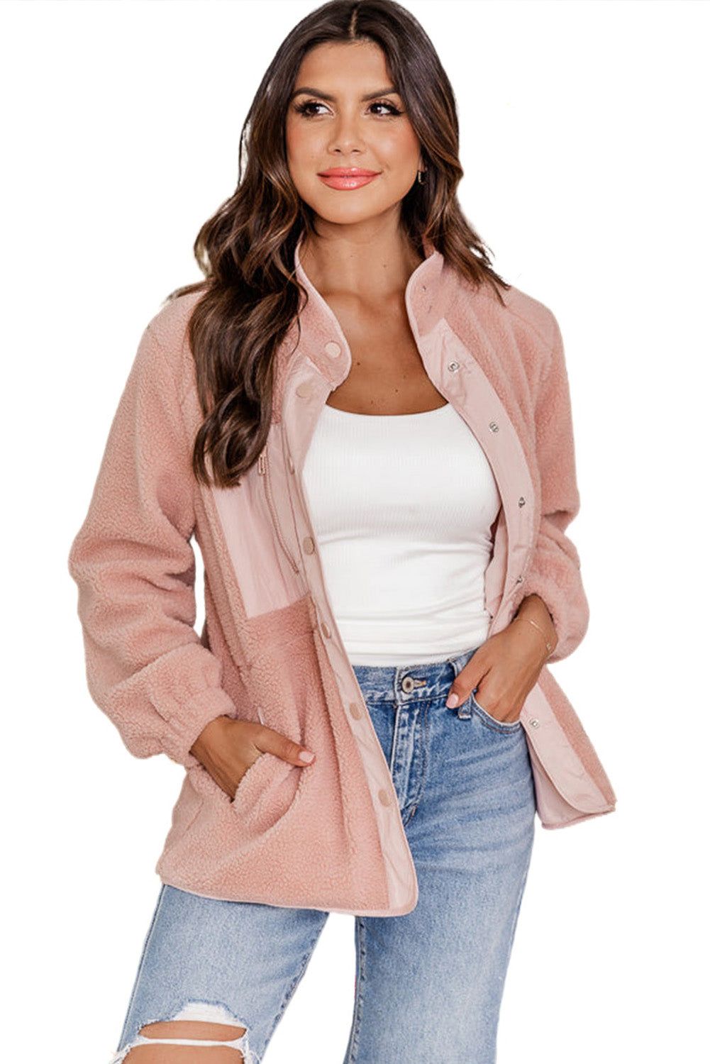 Pink Sherpa Contrast Trim Zipped Pocket Jacket