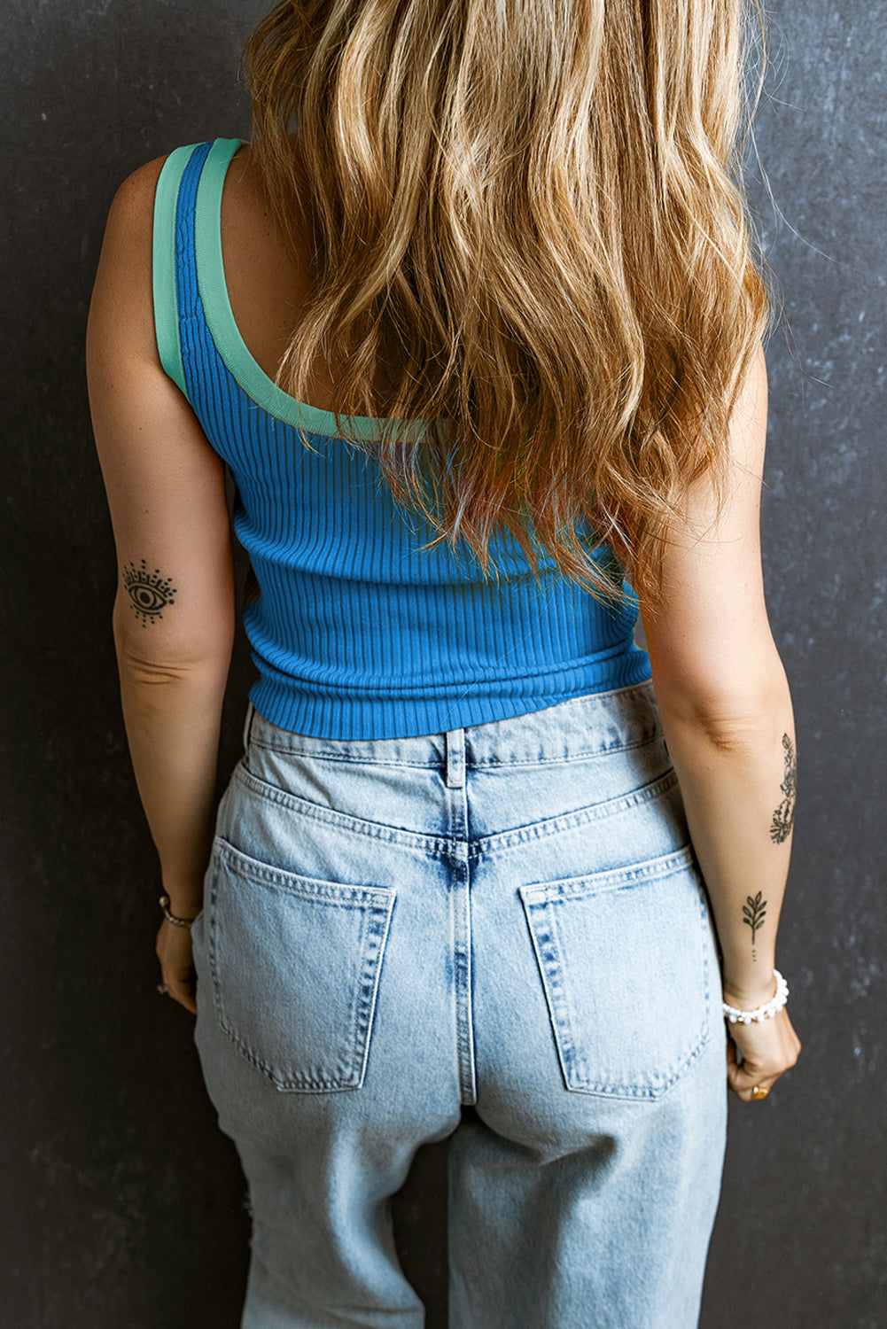 Blue Contrast Trim Ribbed Knit U Neck Tank Top