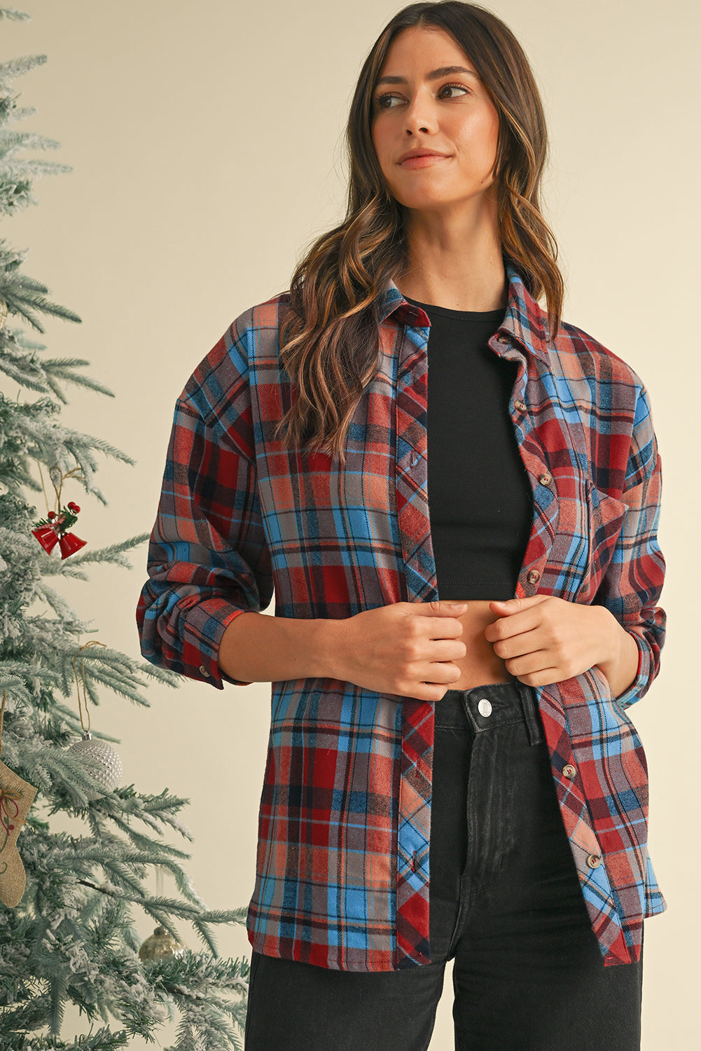 Red Plaid Print Drop Sleeve Loose Shirt Shacket