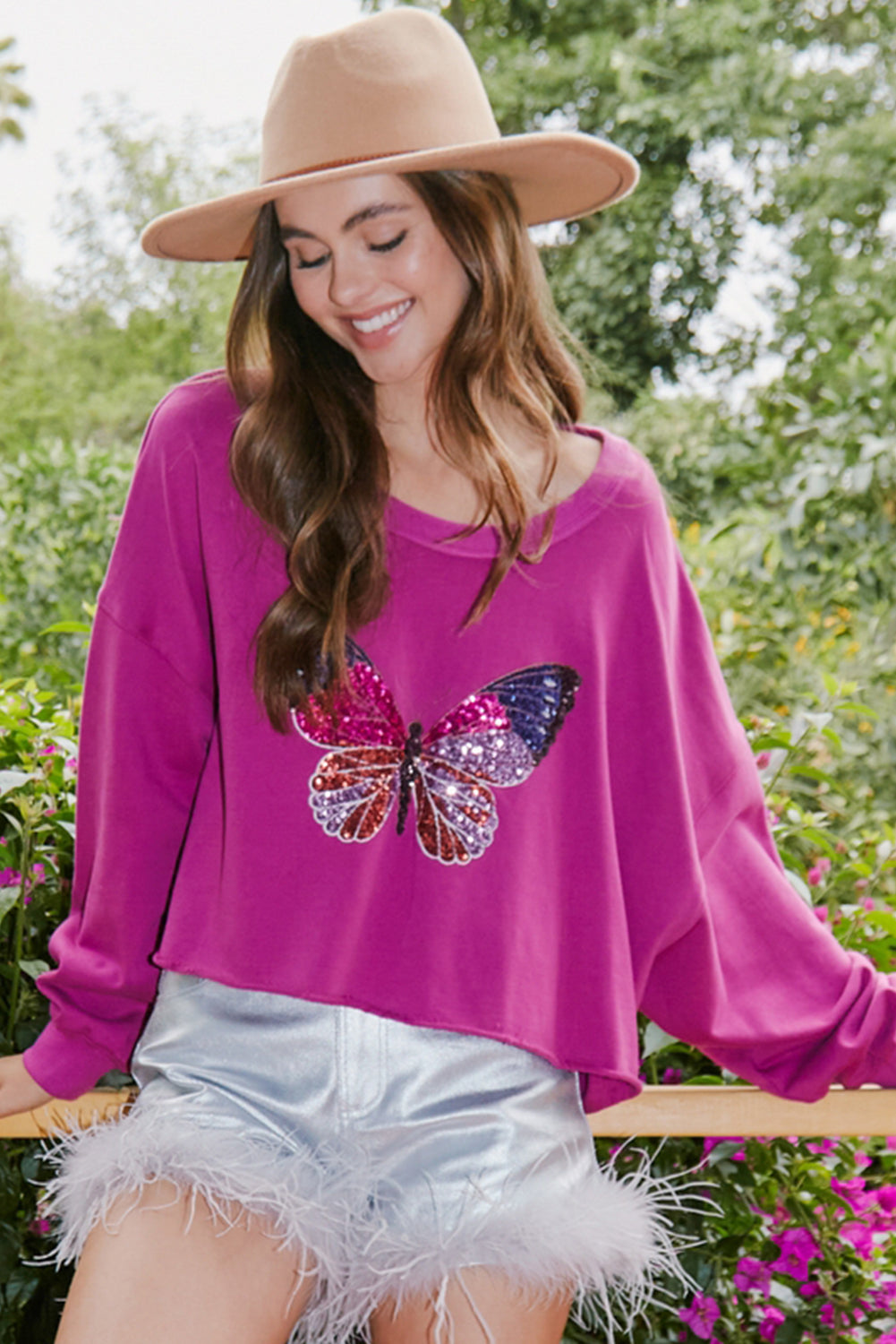 Purple Orchid Solid Butterfly Sequin Knit Blouse