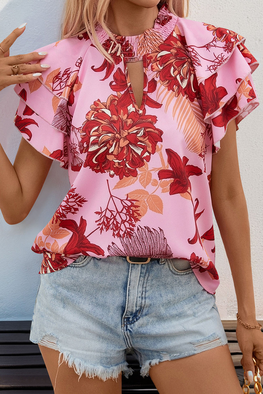 Pink Ruffle Layered Sleeve Smocked Keyhole Neck Blouse