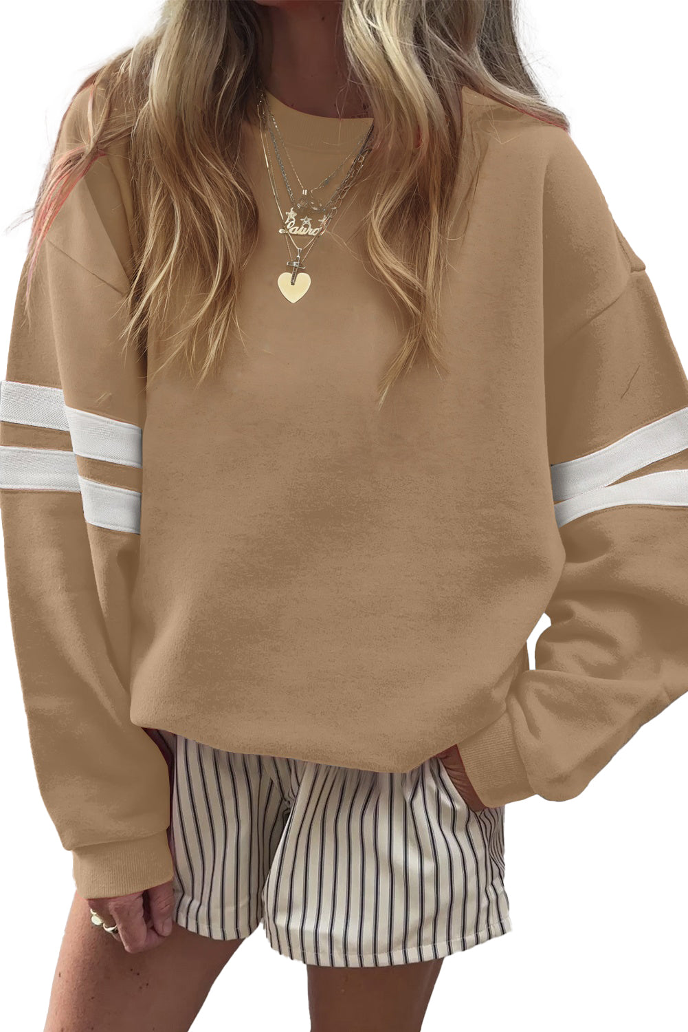 Fiery Red Preppy Striped Sleeve Loose Sweatshirt