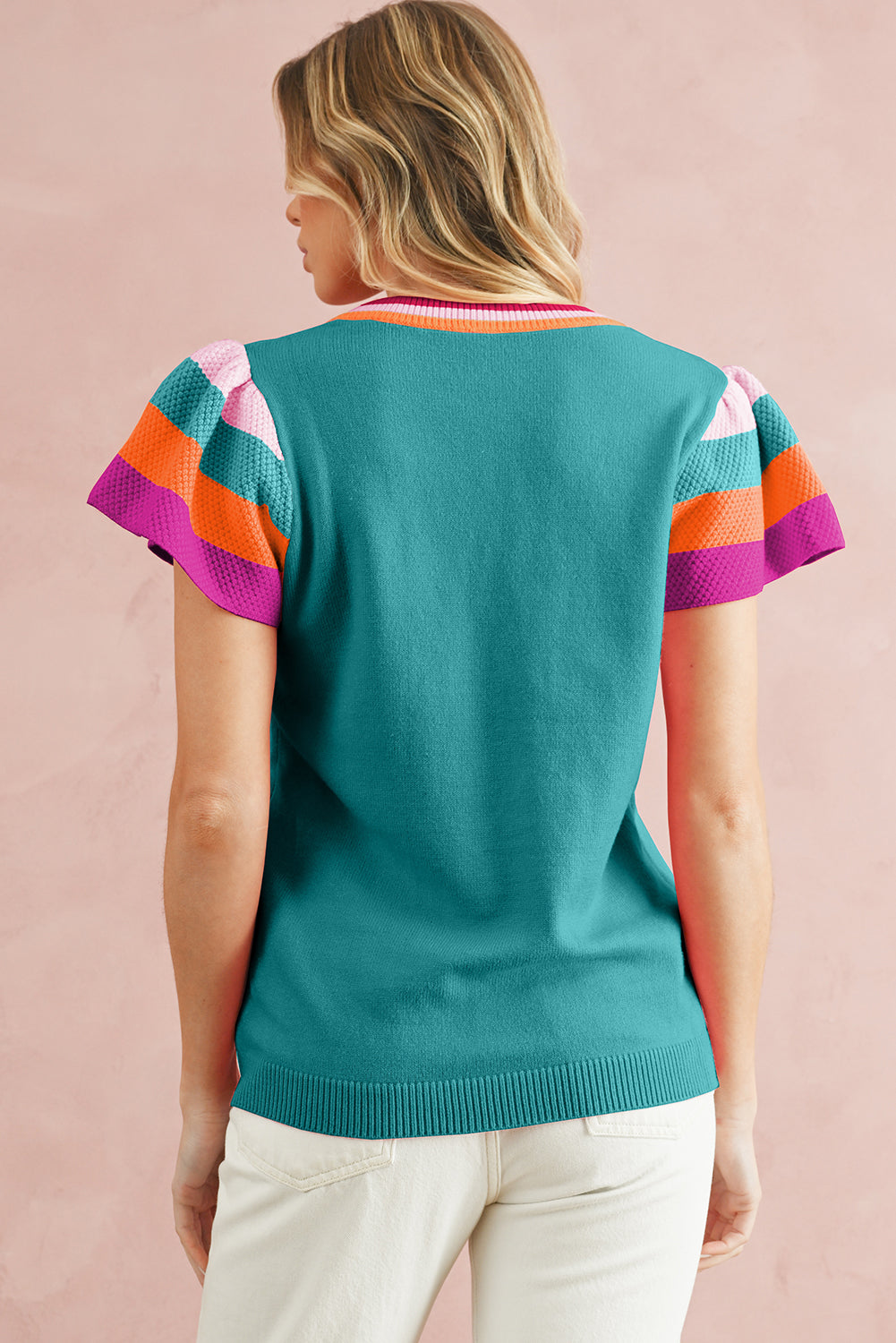 Turquoise Contrast Sleeve Striped Round Neck Knitted Tee