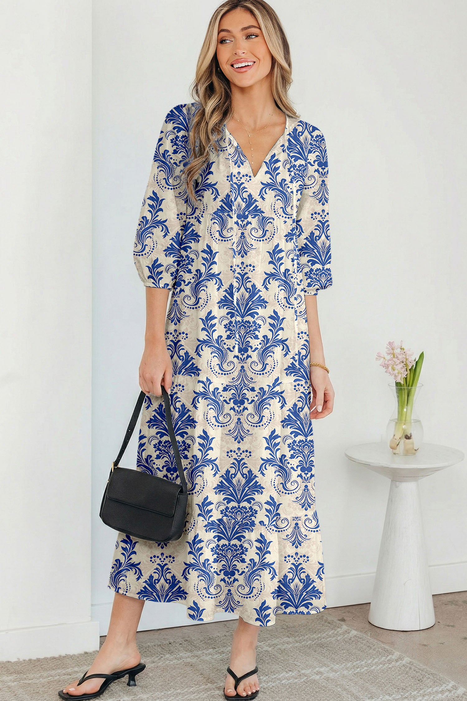Sky Blue Boho Printed Half Sleeve Maxi Dress - Kustom Kreations Goods