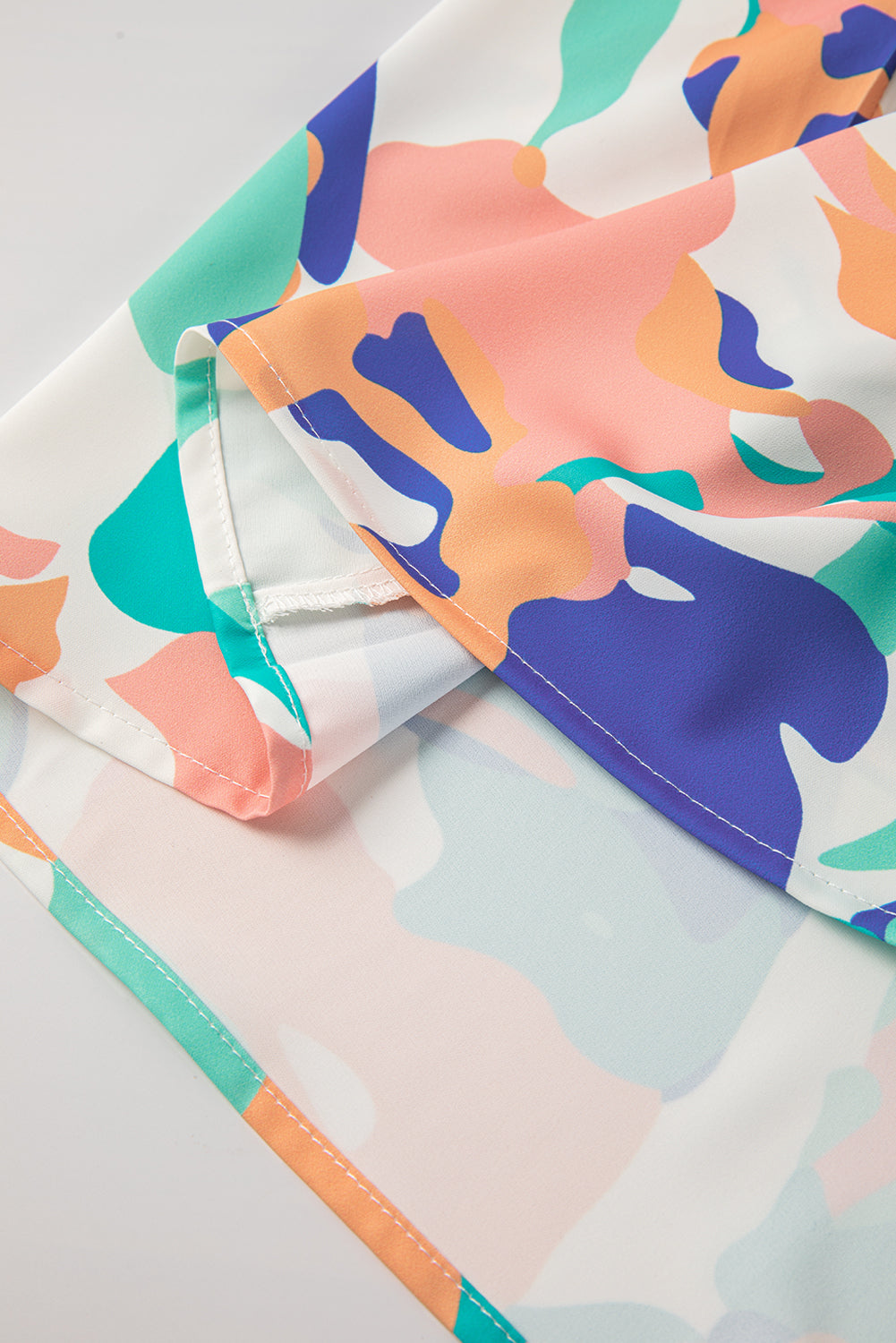 Green Abstract Print Smocked Notched Neck Ruffle Sleeve Blouse