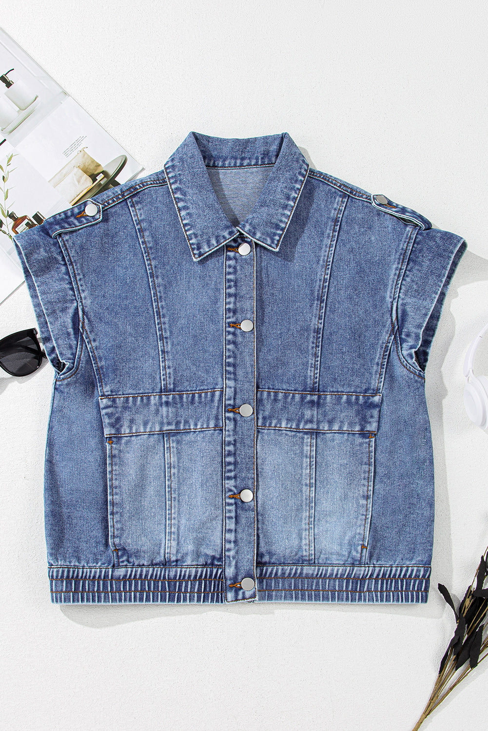Ashleigh Blue Acid Wash Elastic Hem Button Up Denim Vest - Kustom Kreations Goods