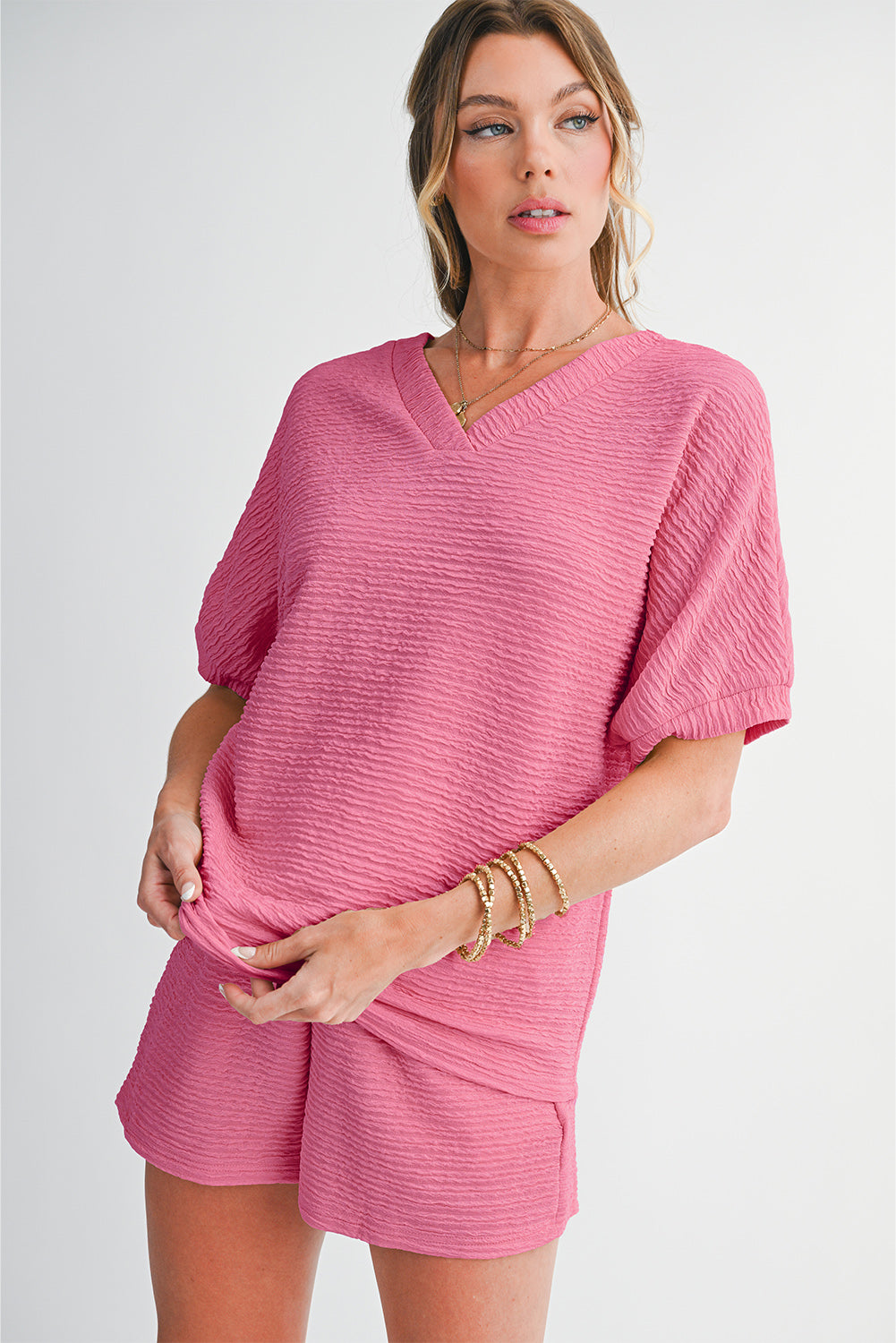 Pink Textured V Neck T Shirt and Shorts Set