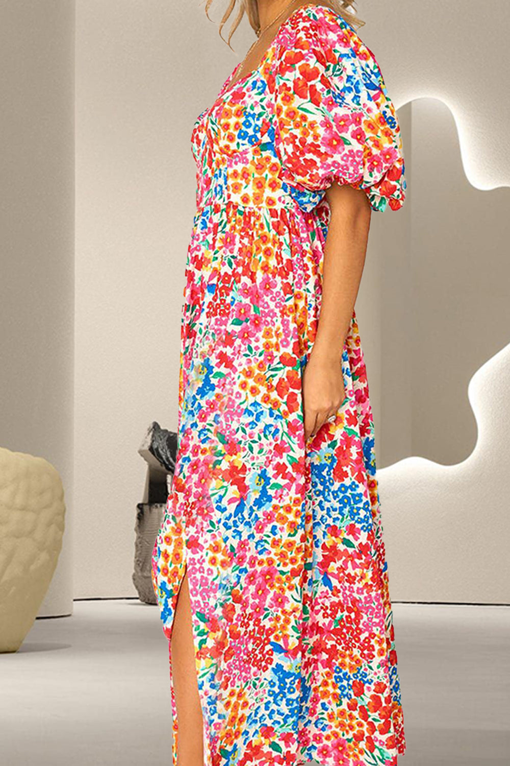 Printed Sweetheart Neck Puff Sleeve Dress