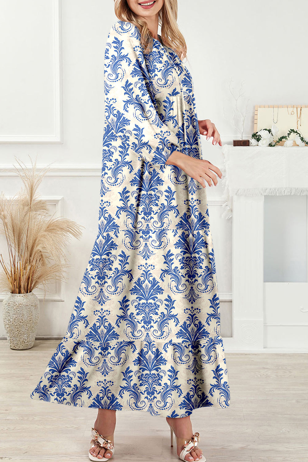 Sky Blue Boho Printed Half Sleeve Maxi Dress - Kustom Kreations Goods