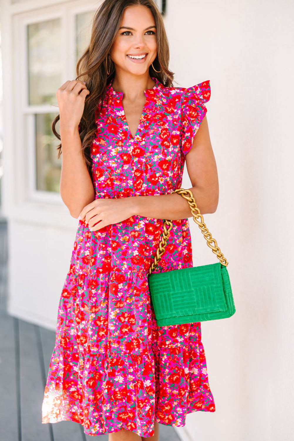 Red Boho Floral Flutter Sleeve Tiered Ruffled Dress