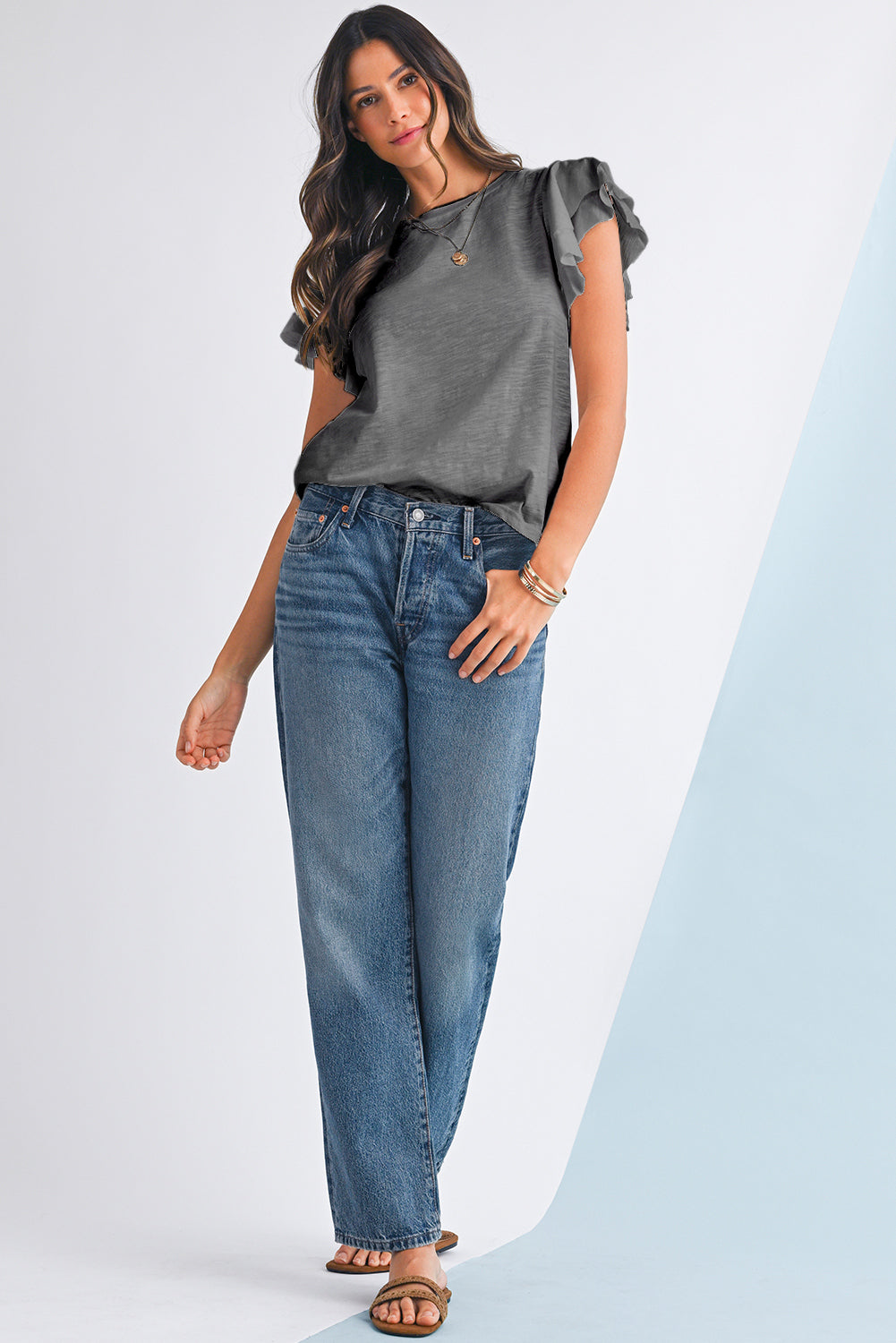 Dark Grey Ruffle Sleeve Plain Blouse - Kustom Kreations Goods