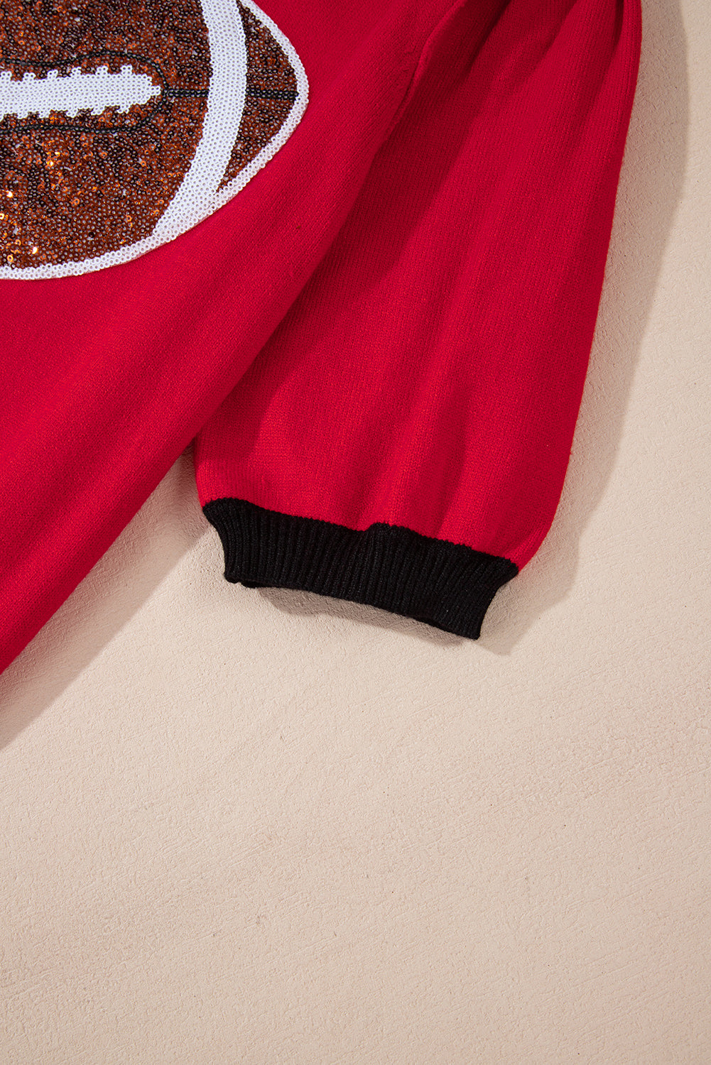 Red Sequin Rugby Color Block Puff Sleeve Knit Top