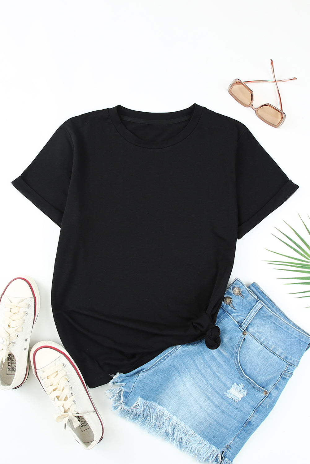 Green Plain Solid Color Crew Neck Tee