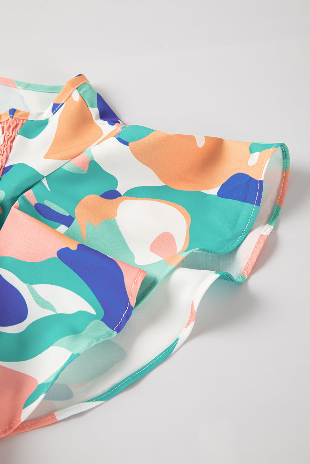 Green Abstract Print Smocked Notched Neck Ruffle Sleeve Blouse