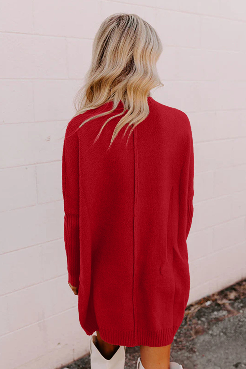 Fiery Red Ribbed High Neck Front Pockets Center Seam Sweater Dress
